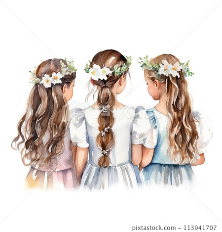 Flower girls in flower wreaths, back view portrait. Watercolor illustration 113941707