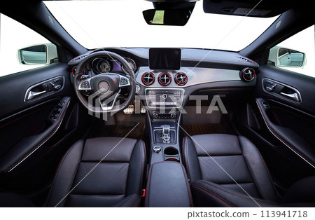 Inside moden car background, luxury car interior elements wallpaper. Black leather car interior 113941718