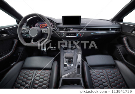 Inside moden car background, luxury car interior elements wallpaper. Black leather car interior Inside moden car background, luxury car interior elements wallpaper. Black leather car interior 113941739