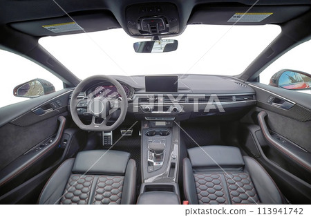 Inside moden car background, luxury car interior elements wallpaper. Black leather car interior 113941742