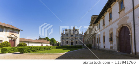 Wonderful view of Certosa di Pavia monastery at sunny day 113941760