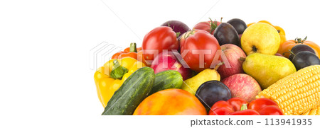 Set of vegetables and fruits isolated on a white. Wide photo. There is free space for text. Set of vegetables and fruits isolated on a white. Wide photo. There is free space for text. 113941935