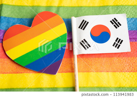 South Korea flag on rainbow background flag symbol of LGBT gay pride month social movement rainbow flag is a symbol of lesbian, gay, bisexual, transgender, human rights, tolerance and peace. 113941983