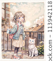一隻貓和一個女孩站在城市裡 113942118
