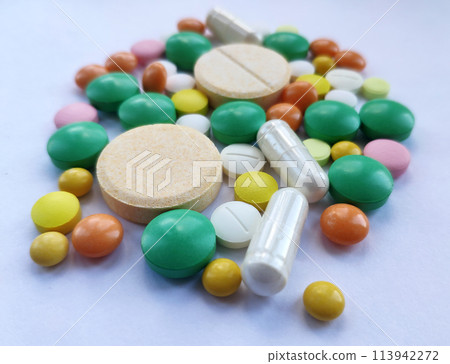 Colourful pills set, medicine background 113942272
