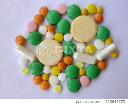 Stack of colourful pills, medicine background 113942275