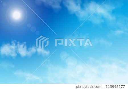 Clear blue sky, clouds and sun 113942277