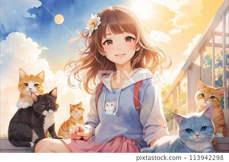 一個女孩和一隻貓一起玩 113942298