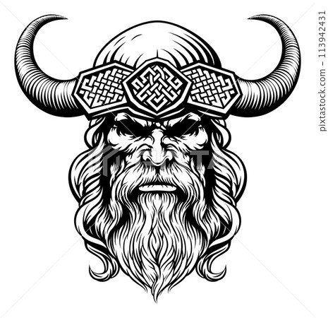 Viking Warrior Man Strong Mascot Face in Helmet Viking Warrior Man Strong Mascot Face in Helmet 113942431