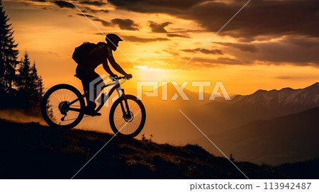 Mountain biking at sunset in the mountains 113942487