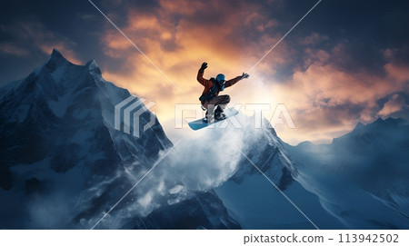 A snowboarder jumps off a snowy mountain peak into the air 113942502