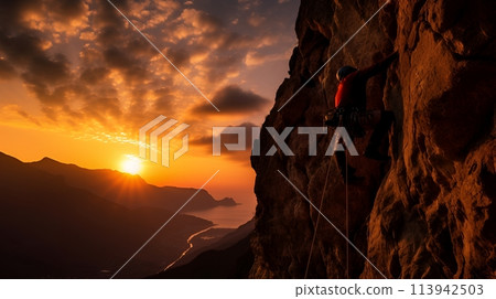 A rock climber scales a cliff face as the sun sets over the ocea 113942503