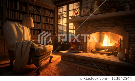 A cozy library with a fireplace 113942544