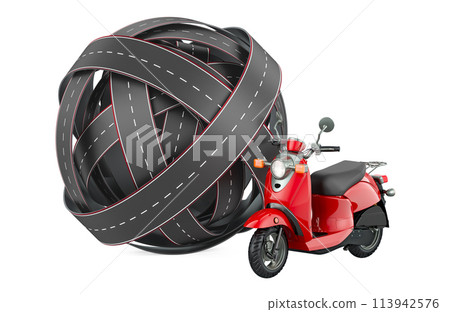 Tangled ball of roads with motor scooter, moped. 3D rendering 113942576
