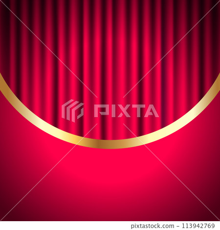 Red curtain on stage background with golden frame. Velvet stage curtain in theater scene or cinema. Vector illustration Red curtain on stage background with golden frame. Velvet stage curtain in theater scene or cinema. Vector illustration 113942769