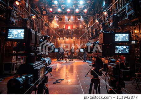 Professional Video Production Equipment On Stage During Live Performance Professional Video Production Equipment On Stage During Live Performance 113942877