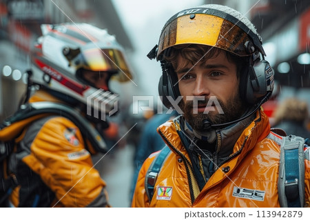 Portrait of a race car driver in a yellow jacket and helmet with visor down looking to the right 113942879