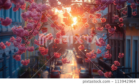 Magenta blooms glow as the sun filters through cherry blossoms on a city street 113942964