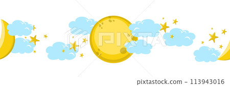 Seamless banner with moon, moon, stars among clouds on white background.  113943016