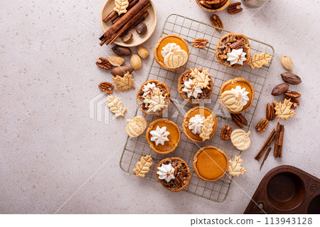 Mini pumpkin and pecan pies for Thanksgiving with leaves and pumpkin garnishes and whipped cream Mini pumpkin and pecan pies for Thanksgiving with leaves and pumpkin garnishes and whipped cream 113943128