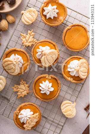 Mini pumpkin pies for Thanksgiving with leaves and pumpkin garnishes and whipped cream 113943131