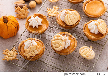 Mini pumpkin pies for Thanksgiving with leaves and pumpkin garnishes and whipped cream 113943137