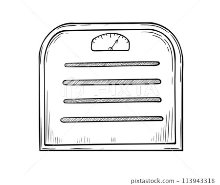 Scales for weighing. Vector illustration of fitness equipment on isolated background. Drawing of sports balance for Weight loss control. Sketch of weigher for measuring obesity in linear style. 113943318