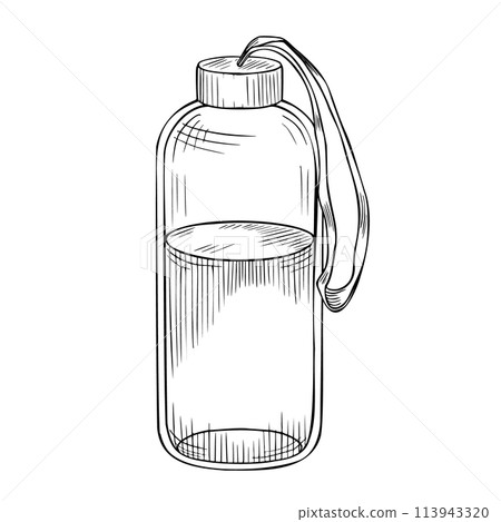 Bottle with Water. Hand drawn vector illustration of a Drink in a reusable sport glass on a isolated background. Drawing of transparent jar for icon. Female fitness equipment sketch in outline style. 113943320