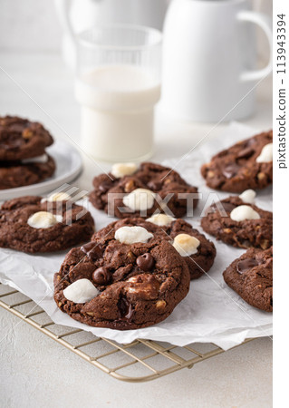 Double chocolate cookies with little marshmallows on a cooling rack Double chocolate cookies with little marshmallows on a cooling rack 113943394