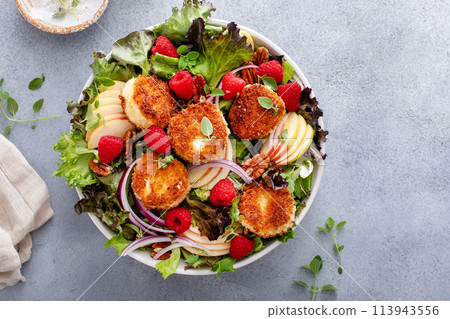 Fried goat cheese salad with apples and raspberries and vinaigrette dressing 113943556