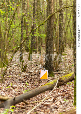 Orienteering. Control point Prism and electric composter for orienteering in the spring forest. Orienteering. Control point Prism and electric composter for orienteering in the spring forest. 113943878