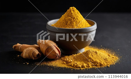 Asafoetida (powder) on a black background. 113944016