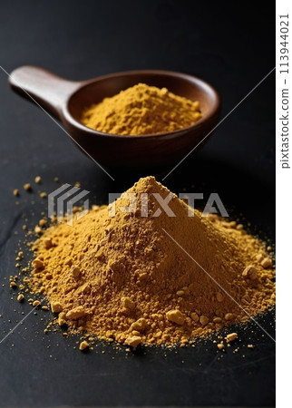 Asafoetida (powder) on a black background. 113944021