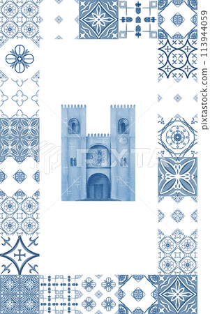 European ancient cathedral framed ceramic tiles in monochromatic colors blue and white.Isolated on white background watercolor illustration.For kitchen textiles,tablecloths,posters,postcards European ancient cathedral framed ceramic tiles in monochromatic colors blue and white.Isolated on white background watercolor illustration.For kitchen textiles,tablecloths,posters,postcards 113944059