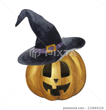 Halloween Jack o Lantern in black witch hat, carved orange pumpkin illuminating the way. Cartoon clipart, simple spooky picture. Hand drawn watercolor illustration isolated on white background 113944129