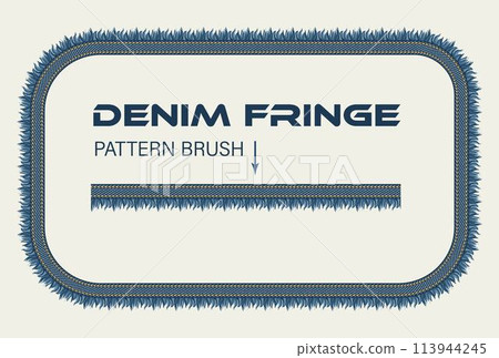 Rectangular denim frame. Pattern brush with denim fabric, double topstitching, fringe. Design element in vintage style. Rectangular denim frame. Pattern brush with denim fabric, double topstitching, fringe. Design element in vintage style. 113944245