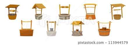 Water Well as Rustic Stone and Wood Structure Vector Set 113944579
