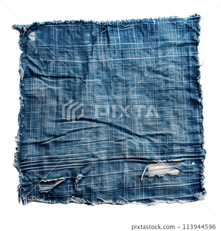 Ragged denim square cloth isolated piece Ragged denim square cloth isolated piece 113944596