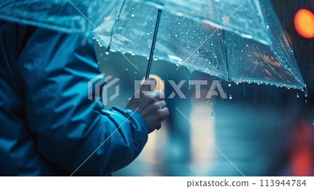 Rainy weather. Wet umbrella. 113944784