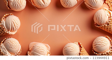 Ice cream in waffle cones on an orange background 113944911