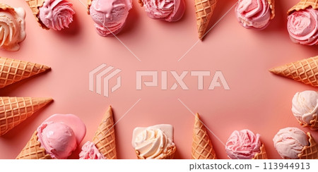Ice cream in waffle cones on a pink background 113944913