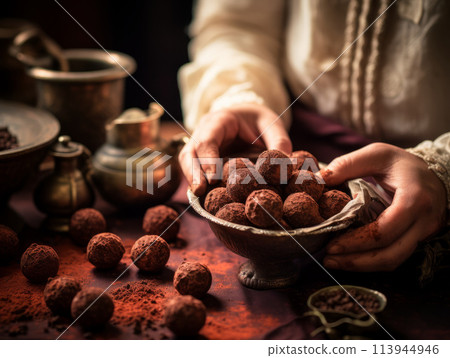 Round homemade chocolate truffles Round homemade chocolate truffles 113944946