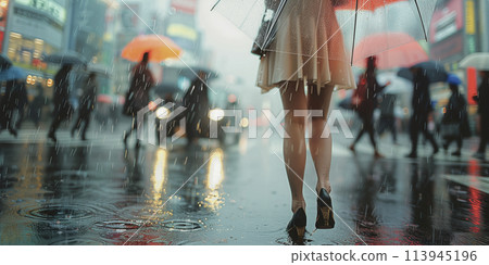 城市景觀，雨天撐傘行走的女人 113945196