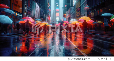 雨天的城市風景，許多雨傘在雨中閃閃發光 113945197