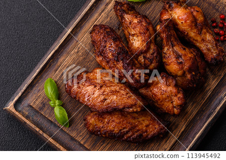 Delicious juicy chicken wings baked on the grill with salt, spices and herbs 113945492