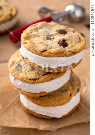 Ice cream sandwiches with vanilla ice cream and chocolate chip cookies 113945673