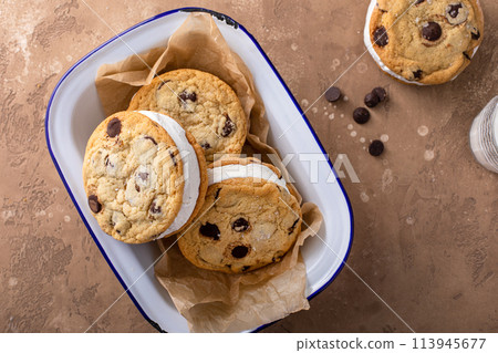 Ice cream sandwiches with vanilla ice cream and chocolate chip cookies Ice cream sandwiches with vanilla ice cream and chocolate chip cookies 113945677