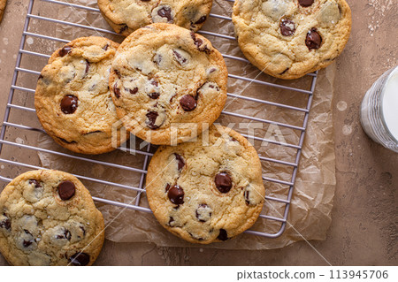 Chocolate chip cookies with flaky salt on a cooling rack Chocolate chip cookies with flaky salt on a cooling rack 113945706