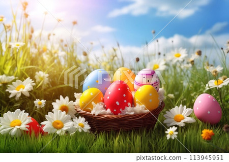 Colorful Easter eggs in a basket 113945951