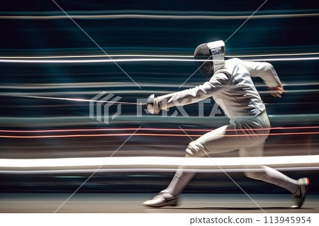 Blurred light trails on a fencing duel with a sword in the foreground 113945954